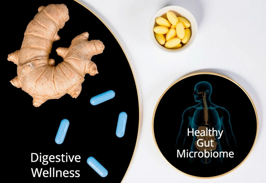Suplementos para el bienestar digestivo con jengibre y probióticos.
