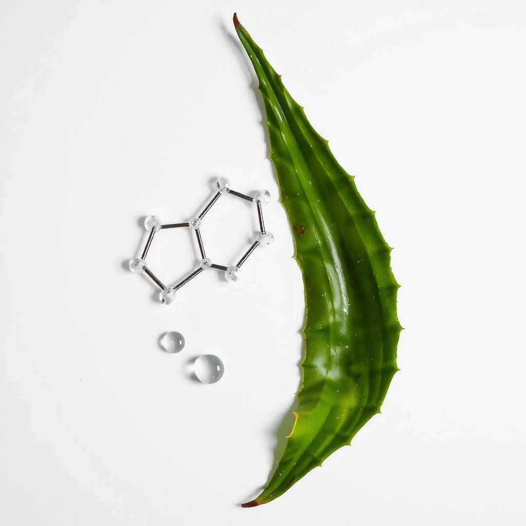 Ingredientes clave del suero facial Granviacx dispuestos artísticamente