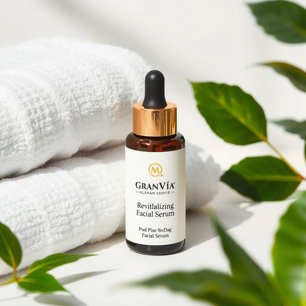 Suero facial Granviacx en un entorno de spa con toallas y plantas