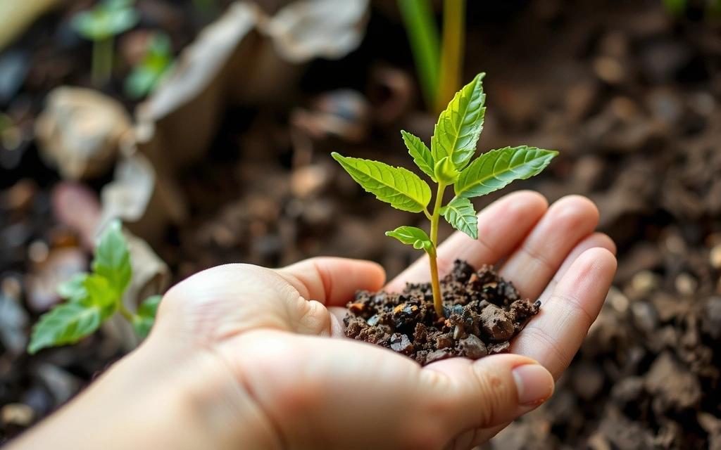 Mano sosteniendo una planta joven, simbolizando sostenibilidad y crecimiento